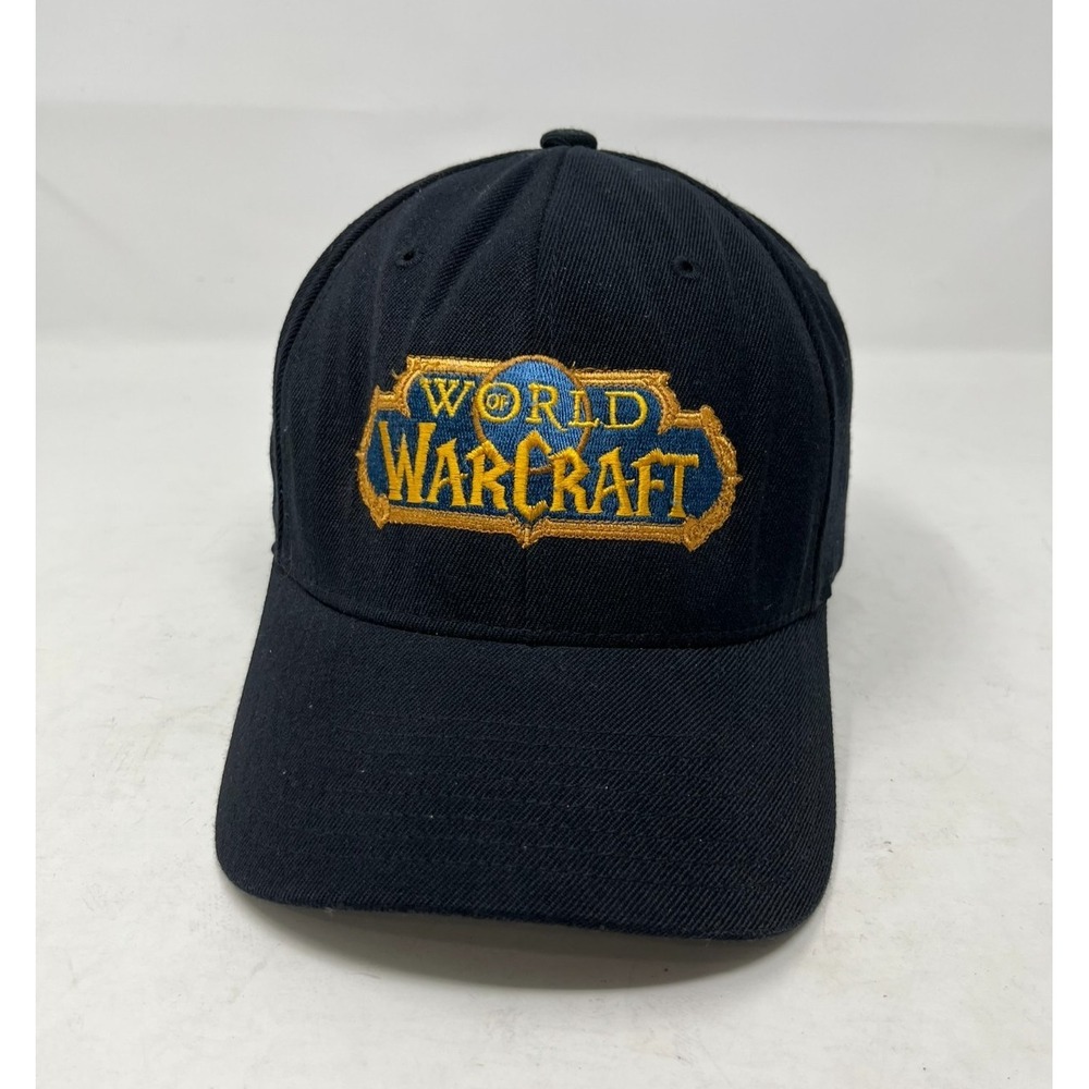 WORLD OF WARCRAFT Cap Hat Adult S-M Black Acrylic Wool Blend Flexfit